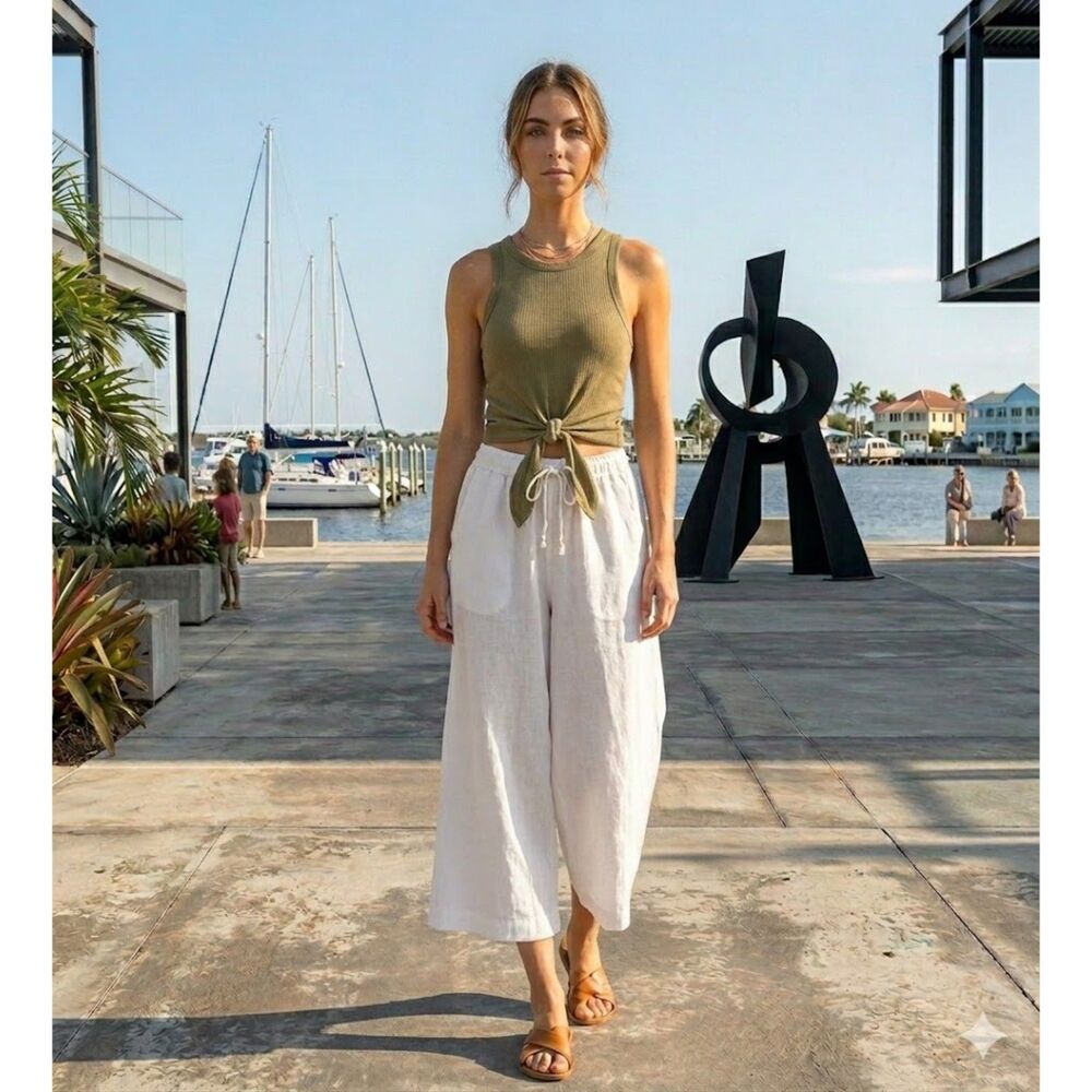 Magaschoni 100% Linen Wide Leg Drawstring Cropped Pants Natural White Lg Coastal